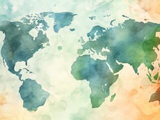 Earth painted in watercolor, map. Background design. Abstract painting with vibrant colors.