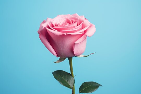  a single pink rose with green leaves on a blue background with a place for a text or a picture to put on a postcard or a greeting card or gift.