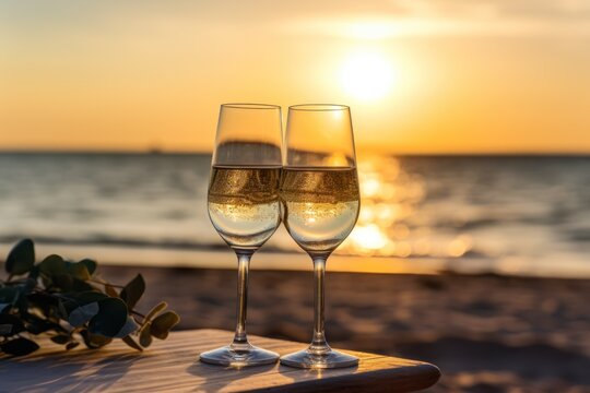  Two Glasses Of Wine Sitting On Top Of A Wooden Table Next To A Body Of Water With The Sun Setting On The Beach In The Back Of The Ocean Behind It.