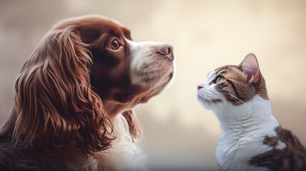 Banner cute dog and cat together isolated on white background, copy space. Pet shop, wallpaper