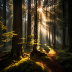 An awe-inspiring image of a forest clearing, where rays of ethereal light filter through the trees.
