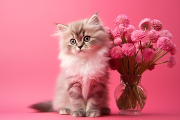 Women's day concept, Valentine's day, mother's day, kitten giving tulips on pink background with copy space