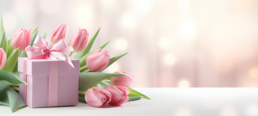 Elegance in Pink, A Thoughtful Gift Box with Ribbon and Tulips, Perfect for Mother's Day or Valentine's - Soft and Timelessly Pretty Image. 