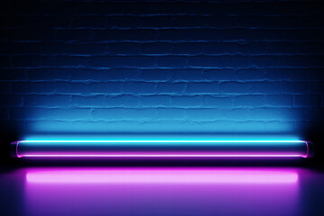 purple blue neon glowing. light lamp on empty brick wall background texture