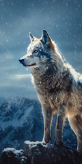 Fototapeta premium a wolf stands on a snowy mountain top, in the style of fanciful created with Generative Ai