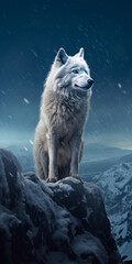 a wolf stands on a snowy mountain top, in the style of fanciful created with Generative Ai