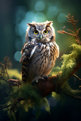 owl in forest, bokeh, beautiful lighting created with Generative Ai