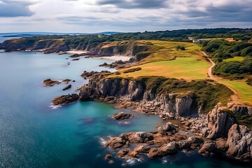 Fototapeta premium Cote découpée en bord de mer, falaise au bord de l'océan, vue drone