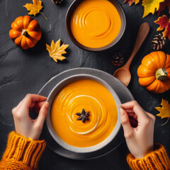 Female hands in yellow knitted sweater holding a bowl with pumpkin cream soup on dark stone background with spoon decorated with cut fresh pumpkin, top view. Autumn cozy dinner concept 