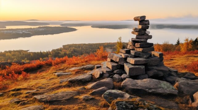 Inukshuk On Hilltop Overlooking Lake In The Morning