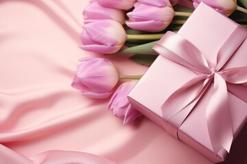 pink tulips are on a pink background with a pink box