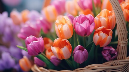 tulips are sitting on the edge of a wicker basket