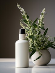 scented lotion bottle with lavender leaves or plant