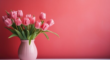 tulips in a vase against a pink wall, background