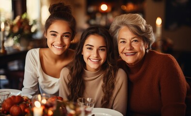 thankful grandmother is eating dinner with her three grandkids - obrazy, fototapety, plakaty