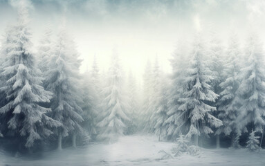 Majestic winter forest with snow-covered pine trees under a blizzard