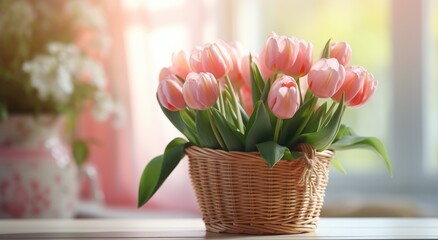 tulips in a wicker basket on a shelf