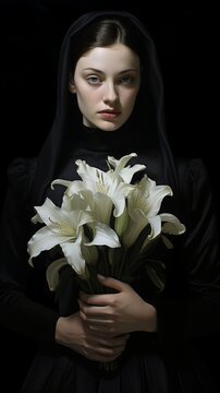 Beautiful young girl in mourning attire with a bouquet of white lilies, close-up of a widow