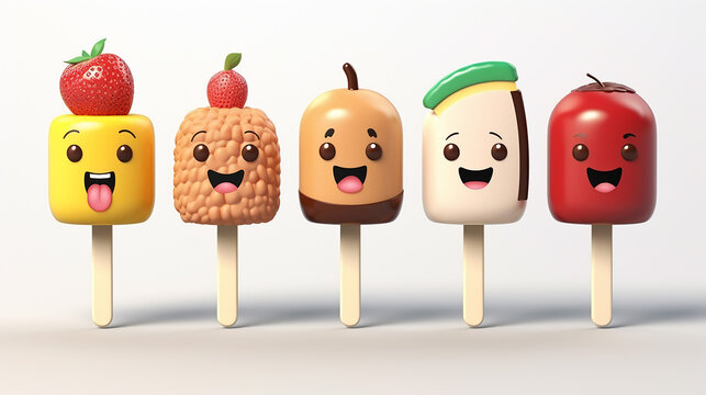 Collection of cute kawaii characters fruit ice cream
