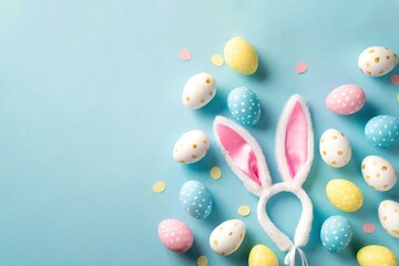 Osterdeko in Pastell mit Hasenohren und Ostereiern 