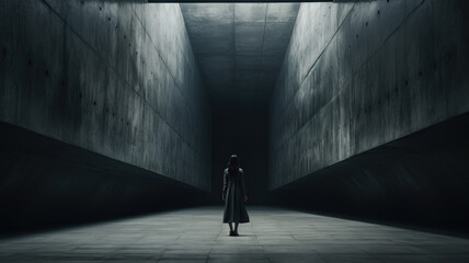 Woman stands in dark concrete corridor alone, back view of lone girl in spooky minimalist hall. Female person like in thriller or horror movie. Concept of fantasy, mystery, cinematic