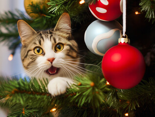 Excited tabby cat with wide eyes peeks through the branches of a Christmas tree decorated with colorful baubles