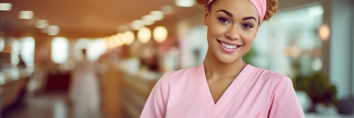 Woman doctor or nurse in a pink uniform close-up, portrait of smiling doctor, banner