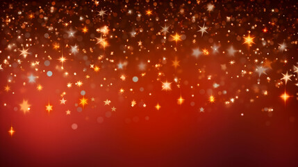 Red abstract glowing bokeh light. Shining star, sun particles and sparks with lens flare effect on red and black background. Sparkling magical dust particles. Christmas con