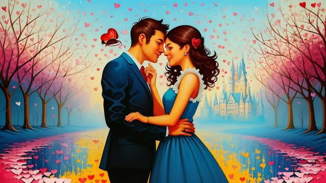 man and a woman in an embrace against the background of a fabulous winter forest with a view of the castle in the distance create an atmosphere of magic and eternal love. Concept: illustrations of rom