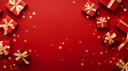 Gift boxes and stars on red background. Top view with copy space