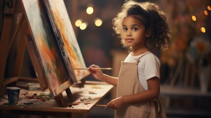 A child with curly hair, standing near an easel in an art workshop, holding a brush - obrazy, fototapety, plakaty
