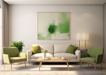 A cozy living room with a white couch and green accents Generative AI