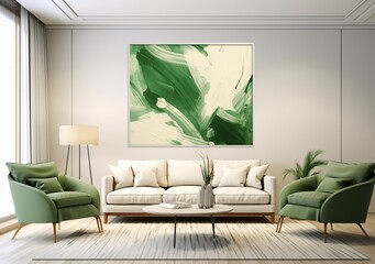 A large, modern painting of a green and white abstract design, hanging on a white wall in a living room. Generative AI