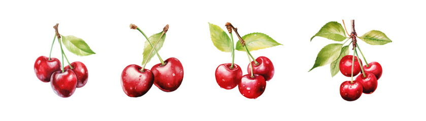 Watercolor cherry drawing set. Vector illustration design.