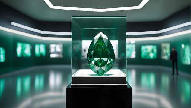 Priceless green diamond on display in a high security museum - Generative AI	