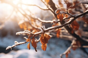 a close up of a tree branch with snow on it and a bright sun shining through the branches and the leaves of the tree withered leaves in the foreground.