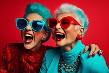 Two Women Laughing and Smiling in Sunglasses Generative AI
