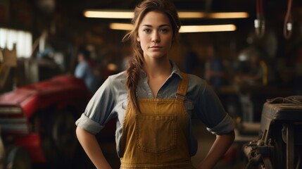 Young adult female automotive technician in overalls stands in workshop, looking at camera with interest. - obrazy, fototapety, plakaty
