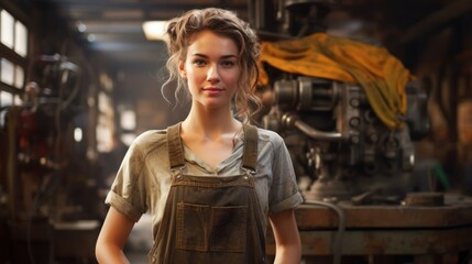 Young woman in overalls stands in repair shop, looking at camera with a smile.