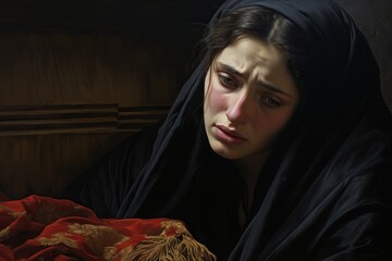A young widow in mourning attire cries over the coffin of her deceased husband