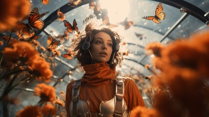 A woman wearing headphones and an orange shirt surrounded by butterflies Generative AI