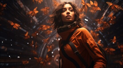 Woman in Orange Jacket and Black Vest Generative AI
