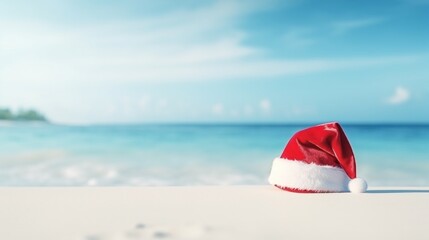 Fototapeta na wymiar Santa hat on tropical beach