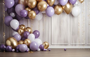 Fototapeta na wymiar A room filled with gold and purple balloons Generative AI