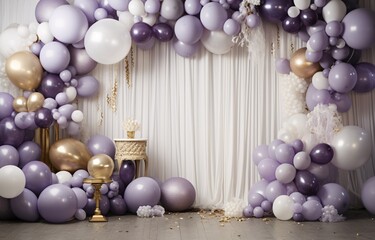 Fototapeta na wymiar Purple Balloons and Decorations in a Purple Room Generative AI