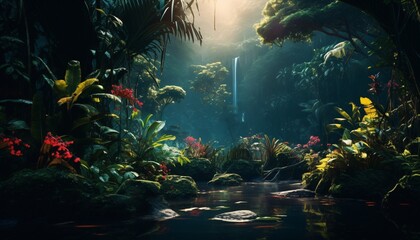 Fototapeta na wymiar A serene jungle scene with a waterfall and lush greenery Generative AI