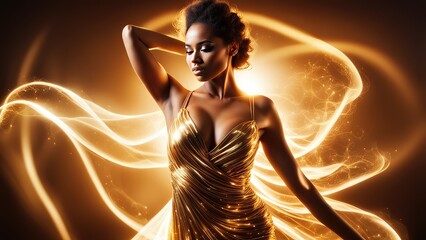A girl in a golden dress dancing in the golden spotlight - obrazy, fototapety, plakaty