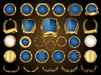 Golden shields laurel wreaths and badges vector collection  