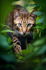photo of bengal cat stalking prey in the jungle created with Generative Ai