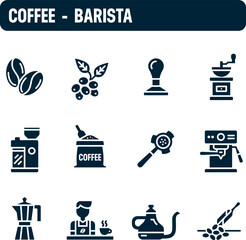 Coffee icons. Coffee and barista vector set. Filled icon design.